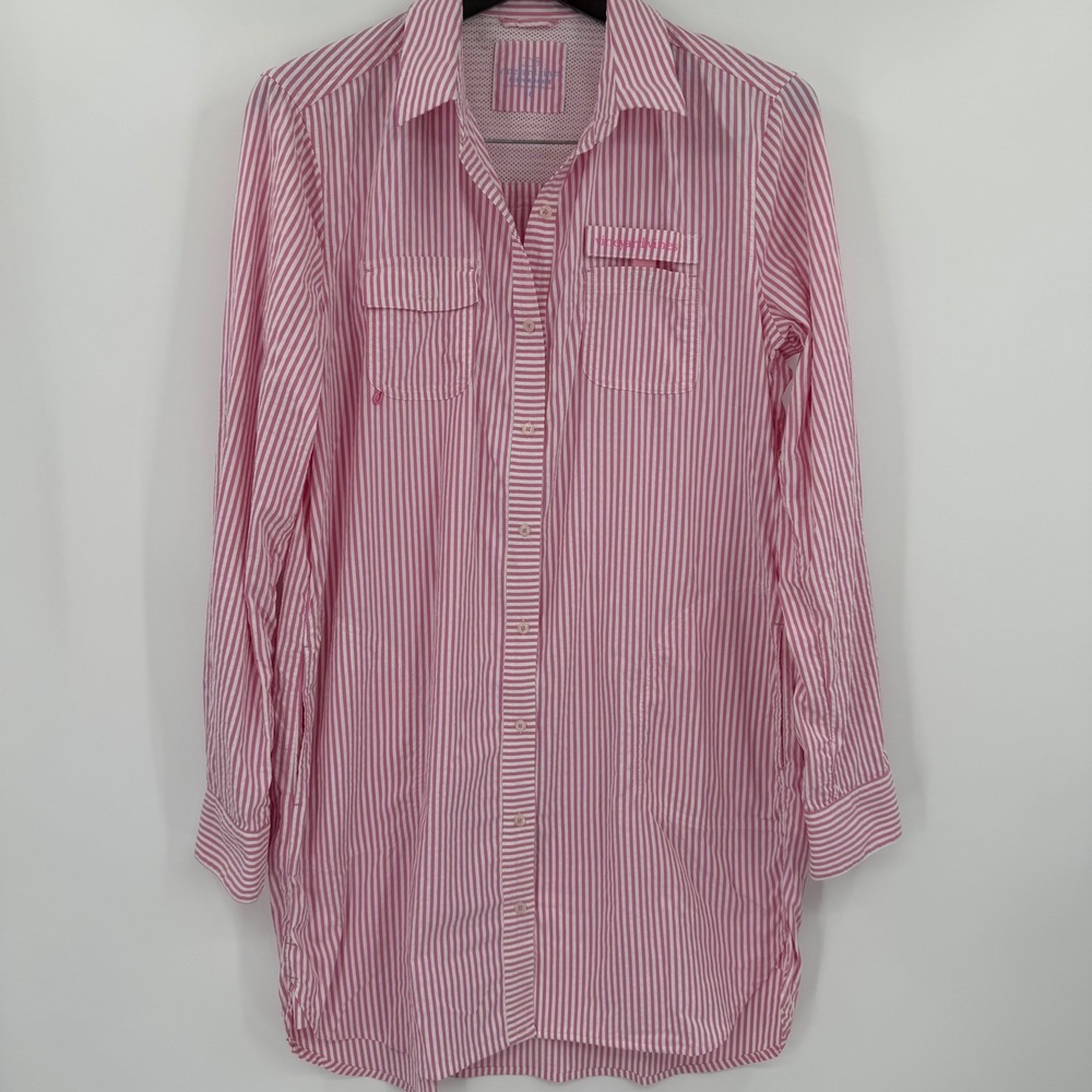 Vineyard Vines Performance Shirt Dress Pink White Stripe Seersucker 10 2C001259